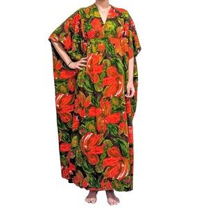 Vintage 60's 70's Kaftan Maxi Dress Hawaiian Barkcloth Lavacloth Floral Size S/M